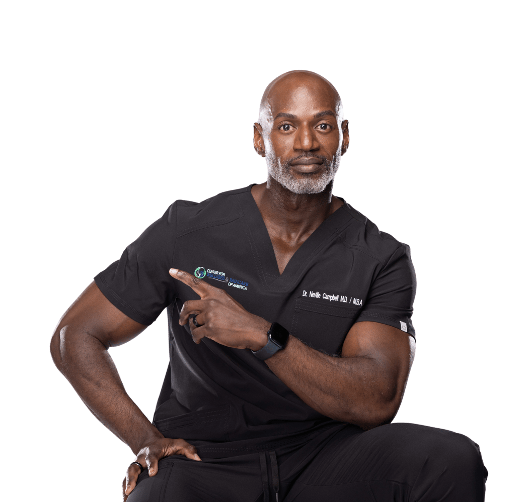 An American doctor wearing black medical scrubs